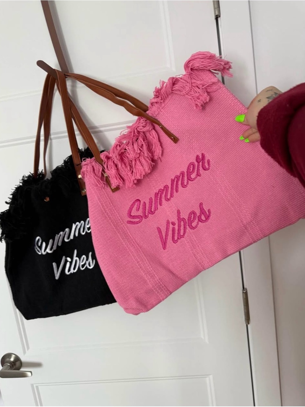 Pink "Summer Vibes" Fringe Tote Bag - Casual Beach Bag